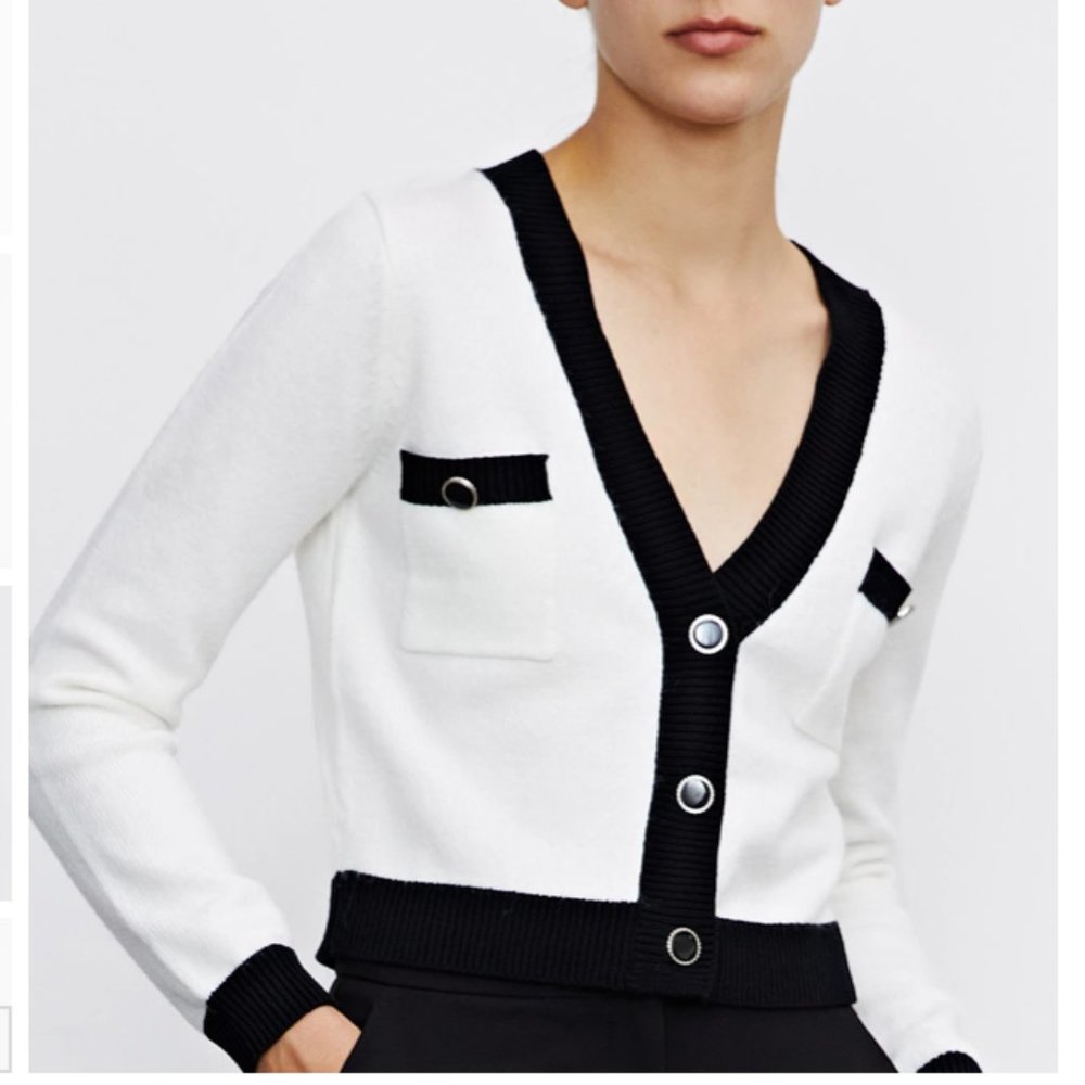 Urban revive V NECK knit white black button crop cardigan - Picture 1 of 8